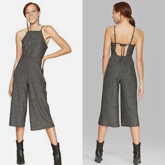 Wild Fable Womens Black Silver Metallic Square Neck Tie Cropped Jumpsuit Small - Picture 1 of 9
